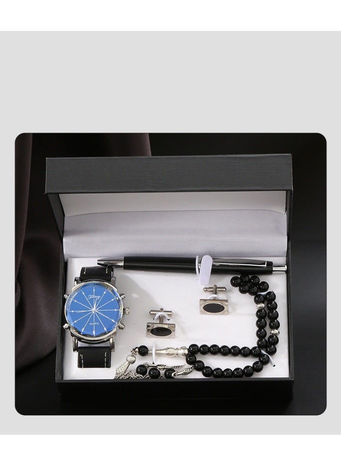 أولودينيز  طقم هدايا كلاسيكي للرجال – ساعة بقرص أزرق، مسبحة سوداء، قلم، وأزرار أكمام فضية في صندوق أسود أنيق - Image 4